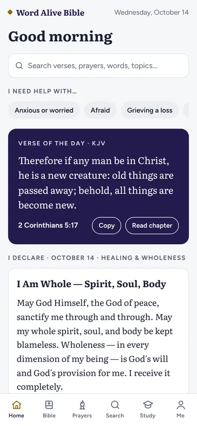 Word Alive Bible home screen showing the verse of the day and today's declaration