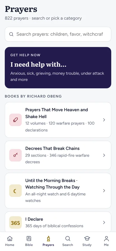 Prayers screen with categories